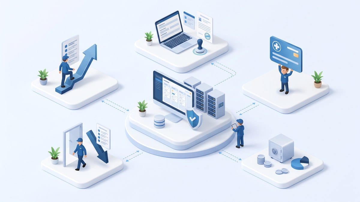 Minh họa 3D isometric quản lý bảo hiểm xã hội và y tế ezHR: báo tăng, báo giảm, kê khai trực tuyến