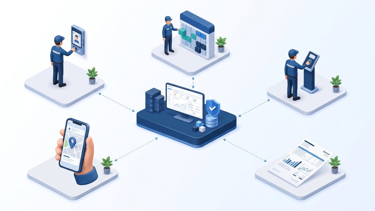 Minh họa 3D isometric hệ thống chấm công ca kíp ezHR cho nhà máy