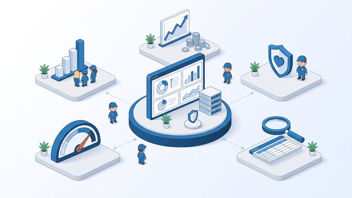 Minh họa 3D isometric bảng chỉ số nhân sự ezHR: biểu đồ, đồng hồ đo tăng ca, năng suất, phân tích dữ liệu