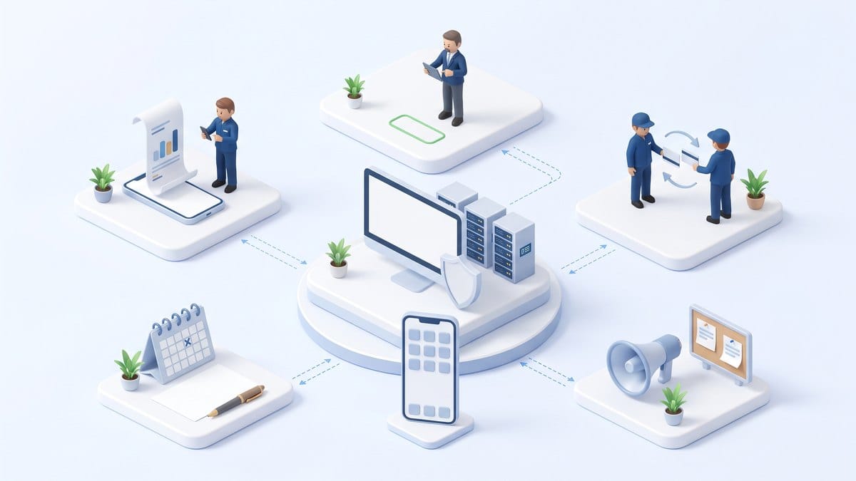 Minh họa 3D isometric cổng thông tin nhân viên ezHR: xem phiếu lương, xin nghỉ phép, phê duyệt, đổi ca