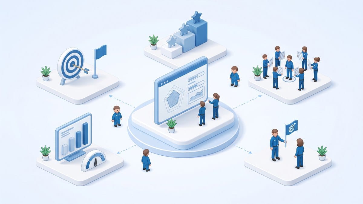 Minh họa 3D isometric đánh giá hiệu suất và năng lực ezHR: OKR, KPI, khung năng lực, đánh giá 360 độ