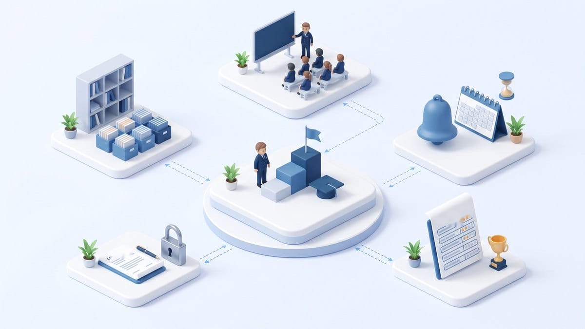 Minh họa 3D isometric đào tạo và phát triển nhân sự ezHR: khung đào tạo, lớp học, nhắc tái đào tạo, đánh giá sau đào tạo