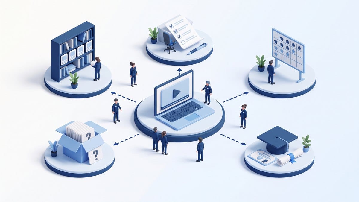 Minh họa 3D isometric đào tạo trực tuyến E-learning ezHR: thư viện khóa học, ngân hàng câu hỏi, bộ đề thi, chứng chỉ