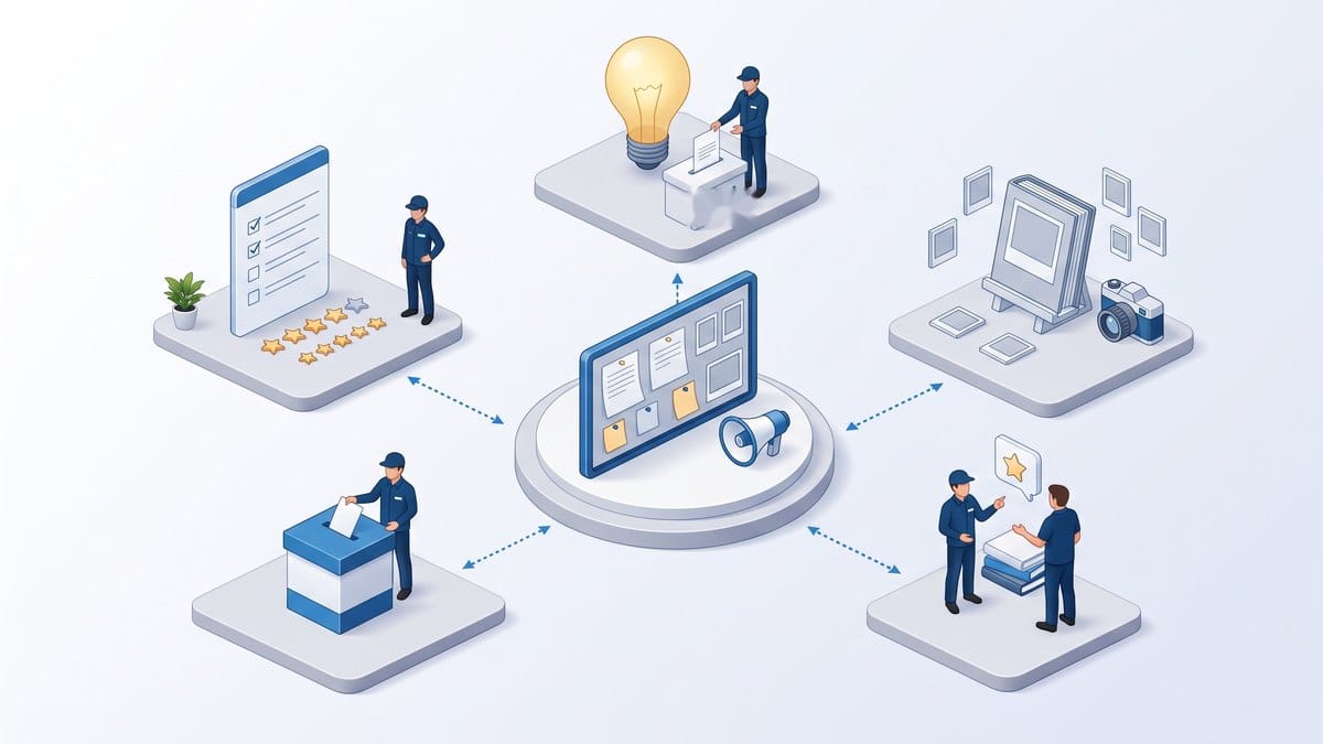 Minh họa 3D isometric gắn kết nhân viên ezHR: khảo sát, bình chọn, ý tưởng cải tiến Kaizen, bảng tin nội bộ