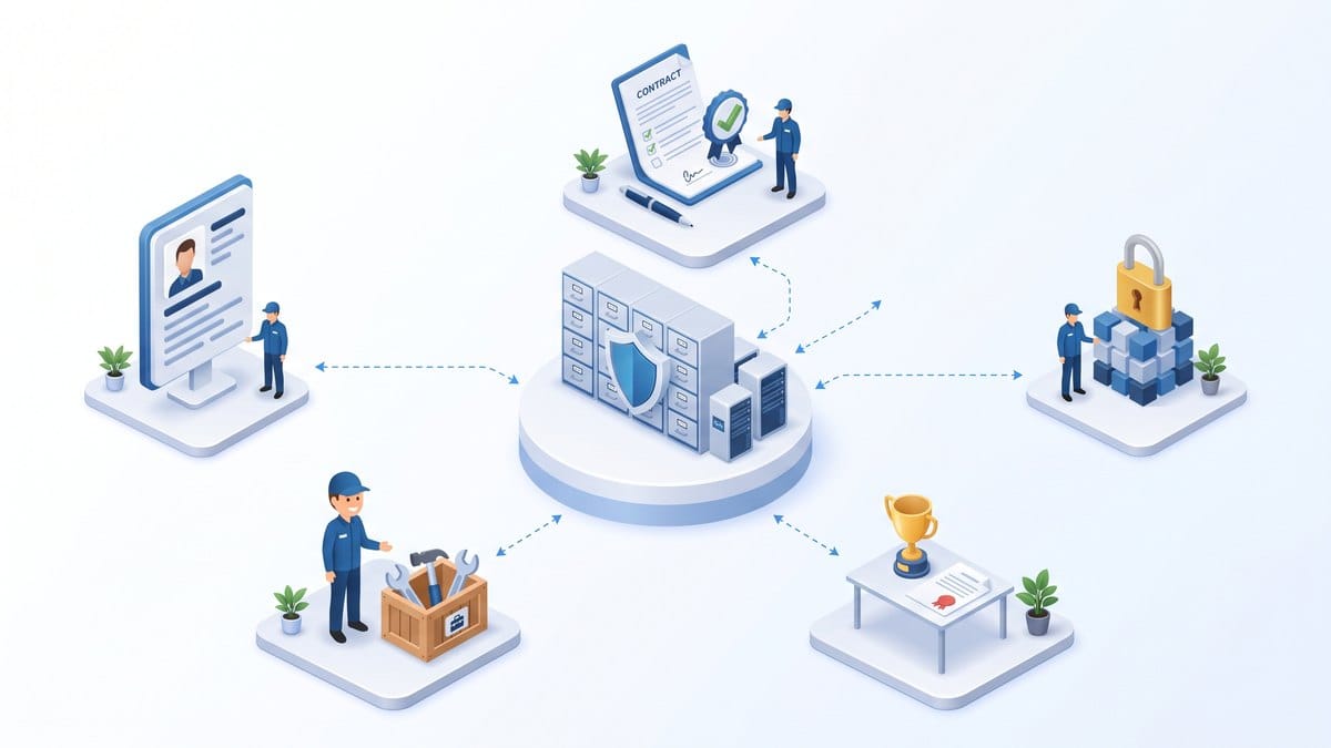 Minh họa 3D isometric hồ sơ nhân viên số hóa, chữ ký điện tử và bảo mật dữ liệu ezHR