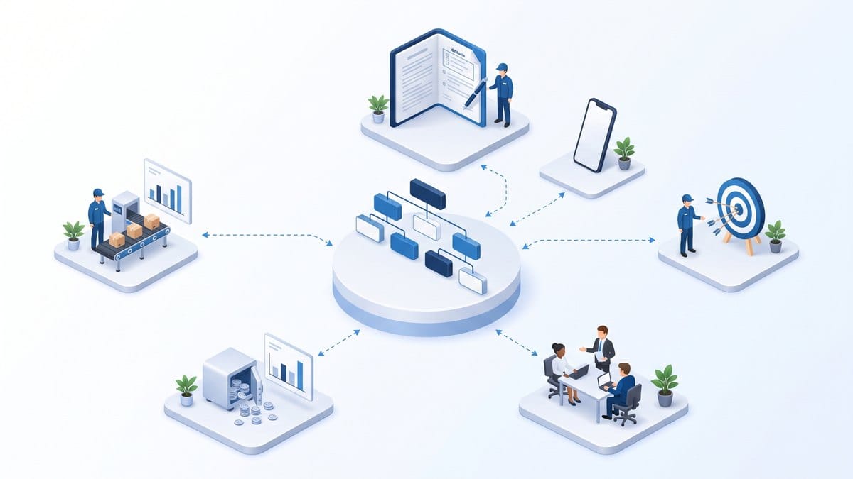 Minh họa 3D isometric hoạch định tổ chức, định biên và ngân sách nhân sự ezHR
