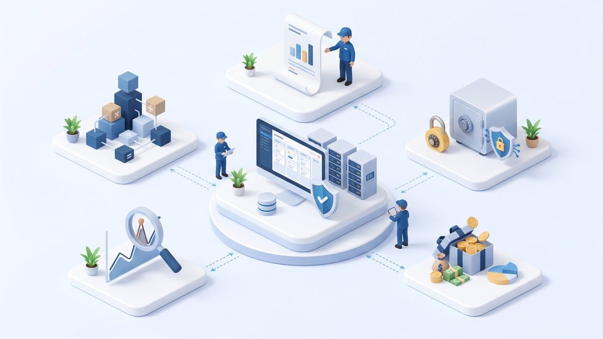 Minh họa 3D isometric tính lương và phúc lợi ezHR: công thức lương, phiếu lương, mã hóa, phân tích bất thường