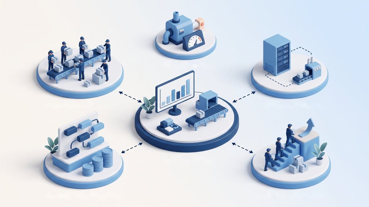 Minh họa 3D isometric tính lương sản phẩm ezHR: dây chuyền sản xuất, năng suất máy, đồng bộ sản lượng, nhân viên tăng cường