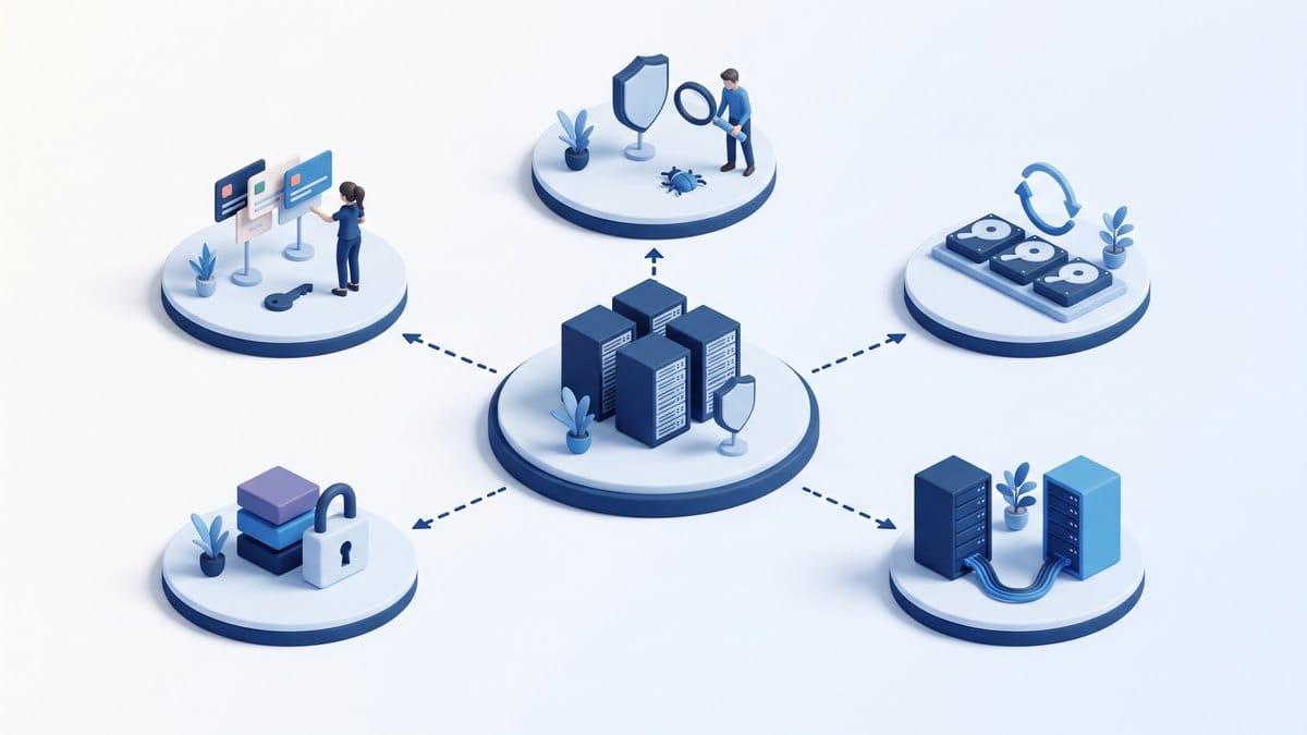 Minh họa 3D isometric quản trị hệ thống ezHR: phân quyền, mã hóa dữ liệu, kiểm thử bảo mật, sao lưu, hệ thống HA