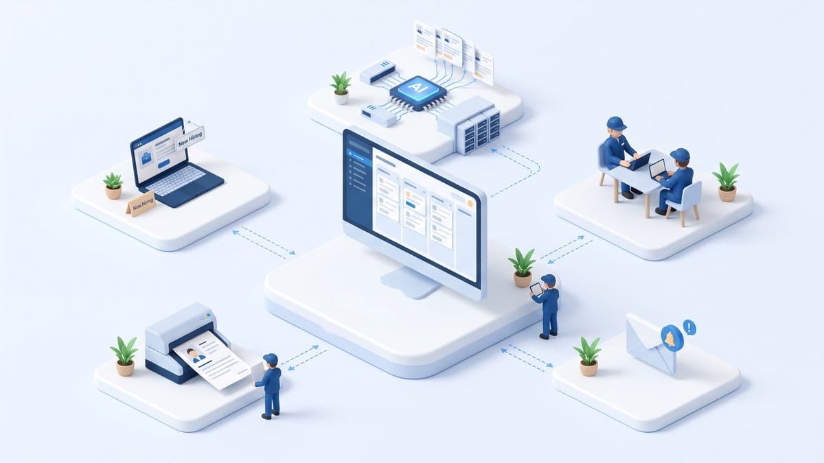 Minh họa 3D isometric quy trình tuyển dụng ezHR: trang tuyển dụng, quét CV, AI phân tích ứng viên, phỏng vấn