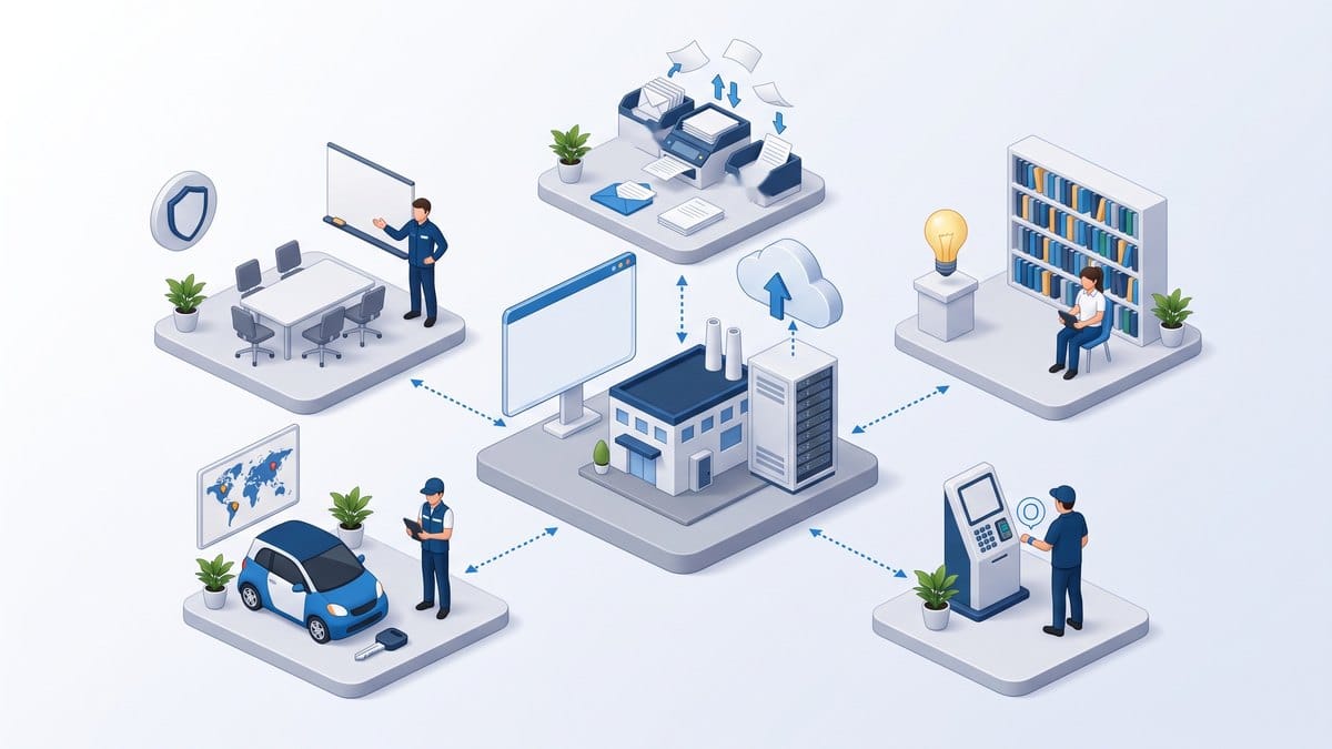 Minh họa 3D isometric văn phòng số ezHR: đặt phòng họp, đặt xe, công văn đến đi, thư viện tri thức, tạm ứng